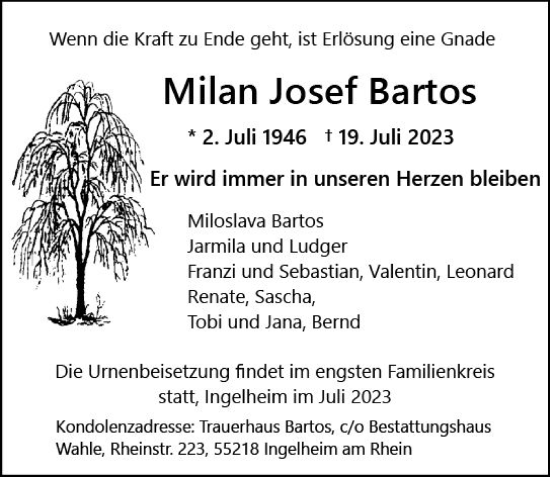 Traueranzeige von Milan Josef Bartos von Allgemeine Zeitung Bingen/Ingelheim