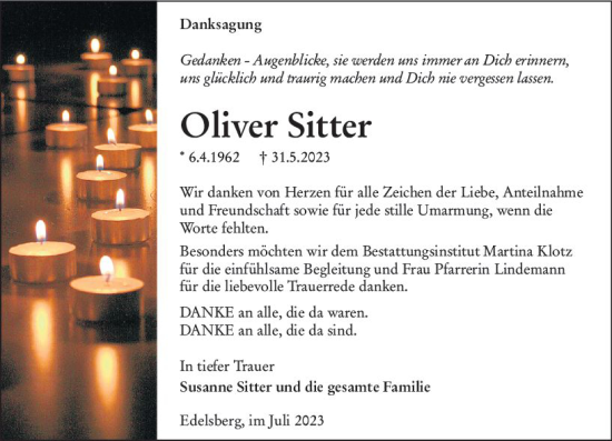 Traueranzeige von Oliver Sitter von Weilburger Tageblatt