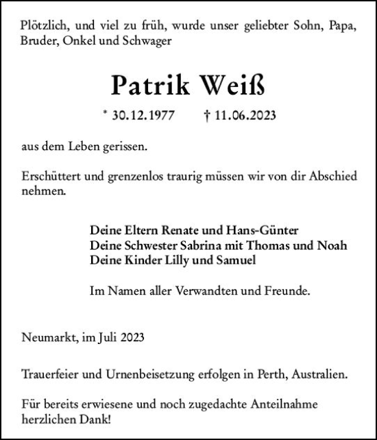 Traueranzeige von Patrik Weiß von Wormser Zeitung