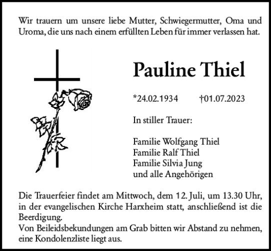 Traueranzeige von Pauline Thiel von Allgemeine Zeitung Mainz