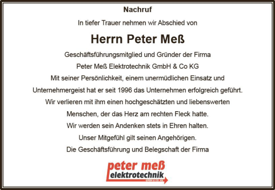 Traueranzeige von Peter Meß von VRM Trauer Traueranzeige von Peter Meß von VRM Trauer