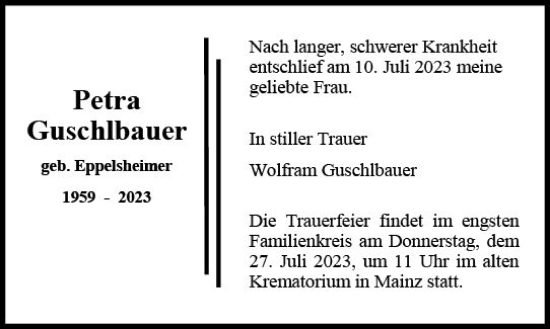 Traueranzeige von Petra Guschlbauer von Allgemeine Zeitung Mainz