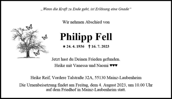 Traueranzeige von Philipp Fell von Allgemeine Zeitung Mainz Traueranzeige von Philipp Fell von Allgemeine Zeitung Mainz
