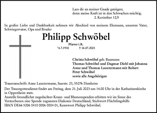 Traueranzeige von Philipp Schwöbel von Allgemeine Zeitung Mainz