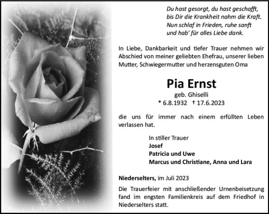 Traueranzeige von Pia Ernst von Camberger Anzeiger