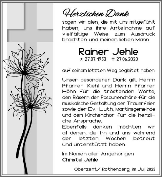 Traueranzeige von Rainer Jehle von Odenwälder Echo
