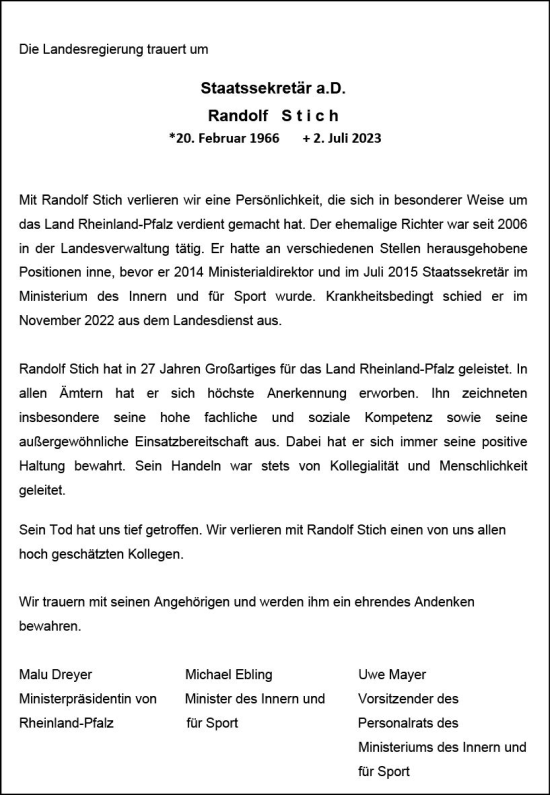 Traueranzeige von Randolf Stich von Allgemeine Zeitung Mainz