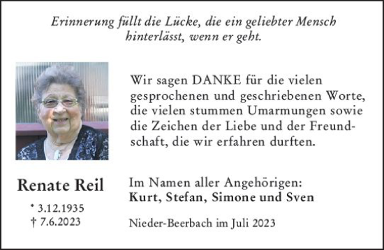 Traueranzeige von Renate Elisabeth Reil von Darmstädter Echo
