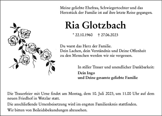 Traueranzeige von Ria Glotzbach von Wetzlarer Neue Zeitung