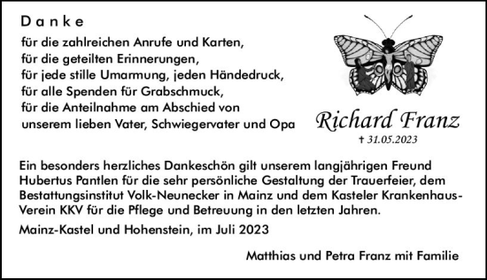 Traueranzeige von Richard Franz von Allgemeine Zeitung Mainz