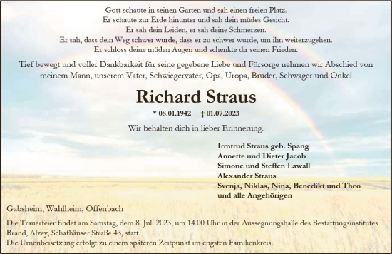 Traueranzeige von Richard Straus von Allgemeine Zeitung Alzey