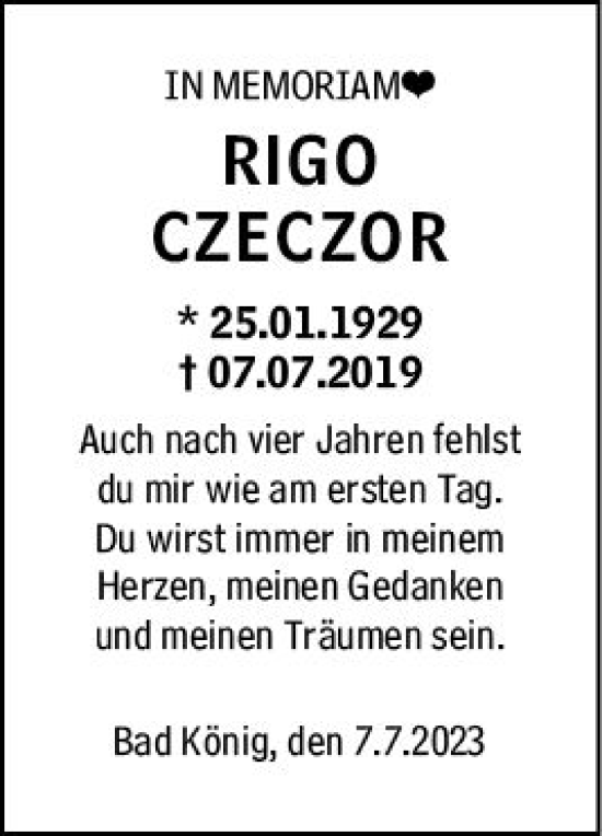 Traueranzeige von Rigo Czeczor von Odenwälder Echo