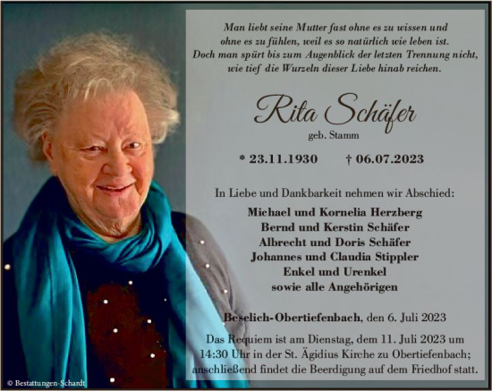 Traueranzeige von Rita Schäfer von Nassauische Neue Presse