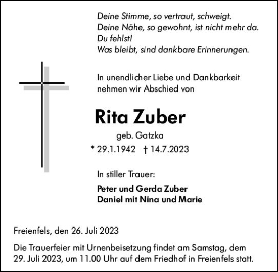 Traueranzeige von Rita Zuber von Weilburger Tageblatt