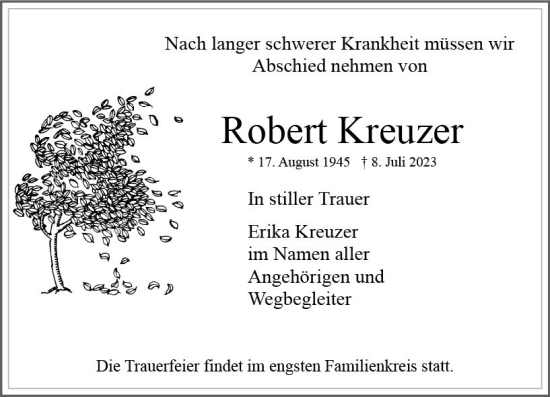 Traueranzeige von Robert Kreuzer von Wiesbadener Kurier
