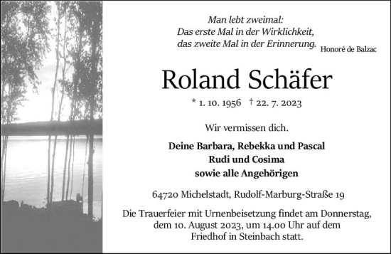 Traueranzeige von Roland Schäfer von Odenwälder Echo