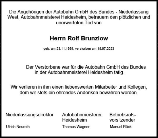 Traueranzeige von Rolf Brunzlow von Allgemeine Zeitung Bingen/Ingelheim