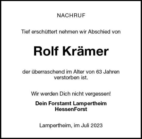 Traueranzeige von Rolf Krämer von Starkenburger Echo Traueranzeige von Rolf Krämer von Starkenburger Echo