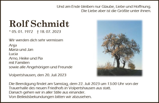 Traueranzeige von Rolf Schmidt von Wetzlarer Neue Zeitung