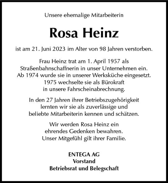 Traueranzeige von Rosa Heinz von Odenwälder Echo