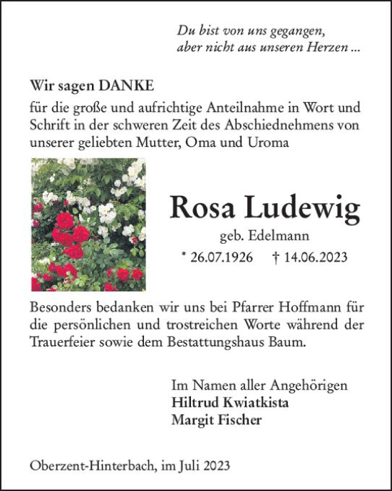 Traueranzeige von Rosa Ludewig von Odenwälder Echo