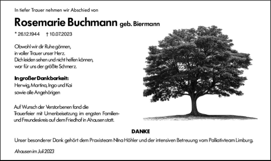 Traueranzeige von Rosemarie Buchmann von Weilburger Tageblatt
