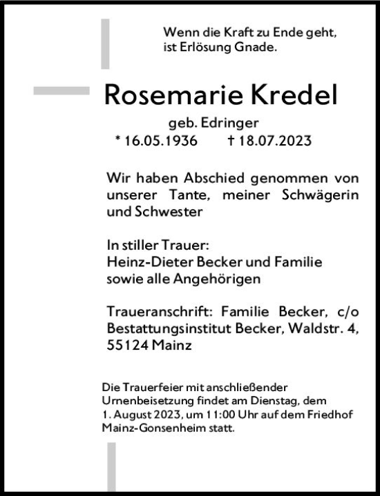 Traueranzeige von Rosemarie Kredel von Allgemeine Zeitung Mainz Traueranzeige von Rosemarie Kredel von Allgemeine Zeitung Mainz
