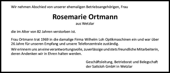 Traueranzeige von Rosemarie Ortmann von Wetzlarer Neue Zeitung