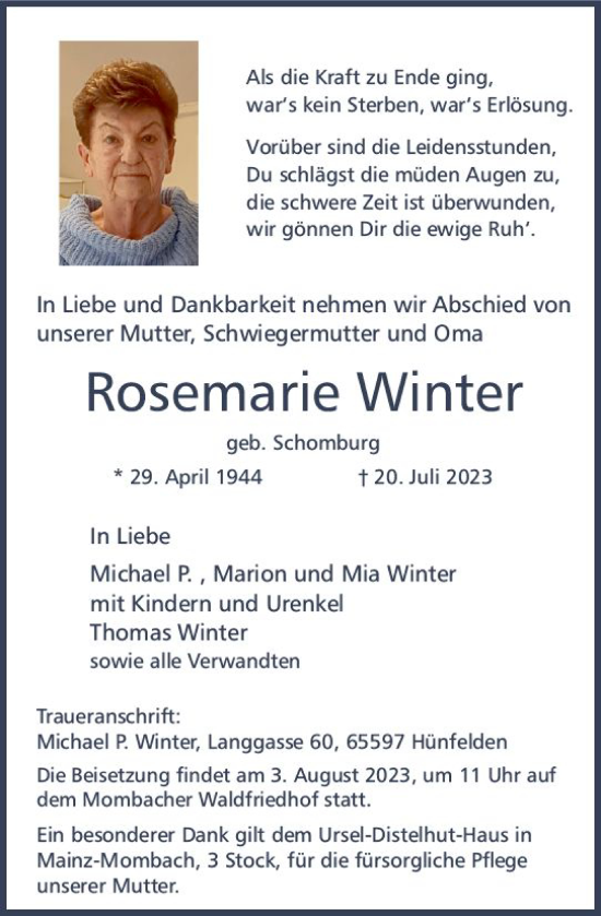 Traueranzeige von Rosemarie Winter von Allgemeine Zeitung Mainz