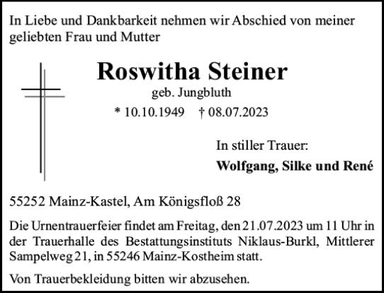 Traueranzeige von Roswitha Steiner von Allgemeine Zeitung Mainz