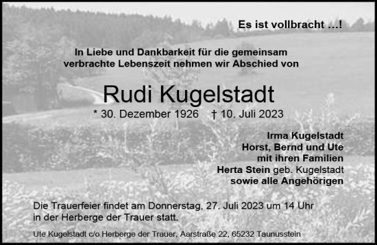 Traueranzeige von Rudi Kugelstadt von Wiesbadener Kurier