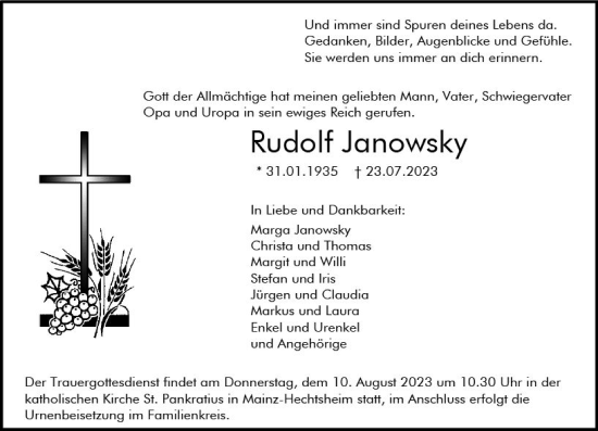 Traueranzeige von Rudolf Janowsky von Allgemeine Zeitung Mainz
