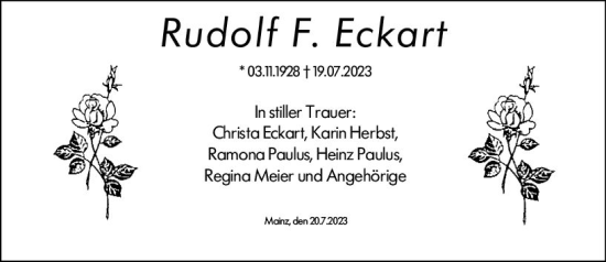 Traueranzeige von Rudolf F. Eckart von Allgemeine Zeitung Mainz Traueranzeige von Rudolf F. Eckart von Allgemeine Zeitung Mainz