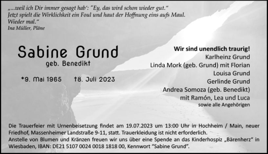Traueranzeige von Sabine Grund von Wiesbadener Kurier