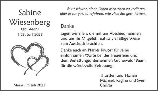 Traueranzeige von Sabine Wiesenberg von Allgemeine Zeitung Mainz