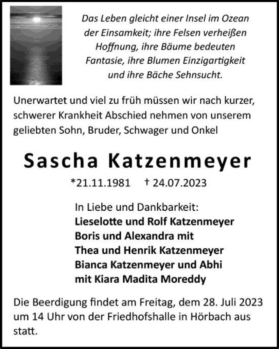 Traueranzeige von Sascha Katzenmeyer von Dill Block
