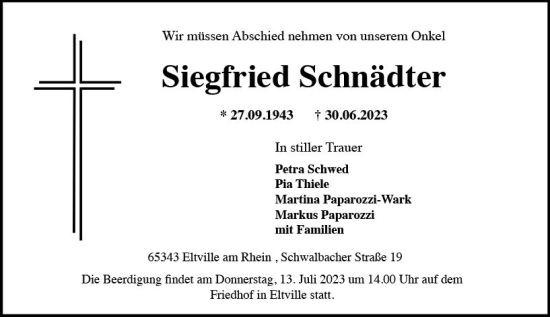 Traueranzeige von Siegfried Schnädter von Wiesbadener Kurier
