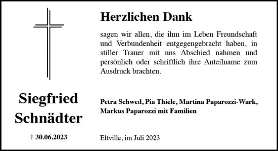 Traueranzeige von Siegfried Schnädter von Wiesbadener Kurier