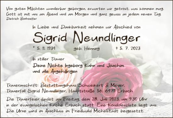 Traueranzeige von Sigrid Neundlinger von Odenwälder Echo