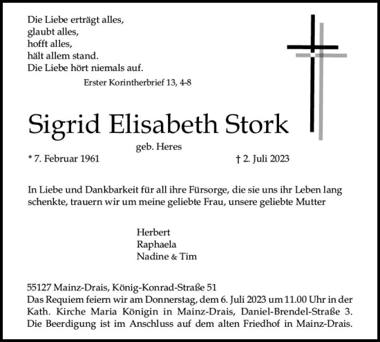 Traueranzeige von Sigrid Elisabeth Stork von Allgemeine Zeitung Mainz