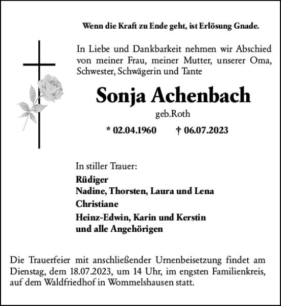 Traueranzeige von Sonja Achenbach von Hinterländer Anzeiger