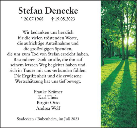 Traueranzeige von Stefan Denecke von Allgemeine Zeitung Bingen/Ingelheim