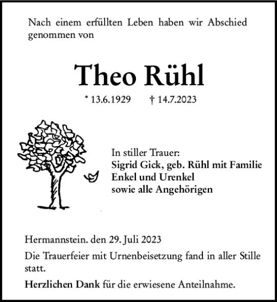 Traueranzeige von Theo Rühl von Wetzlarer Neue Zeitung