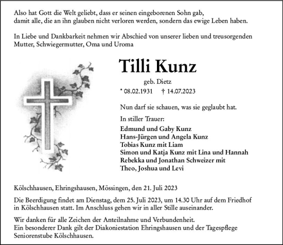 Traueranzeige von Tilli Kunz von Wetzlarer Neue Zeitung