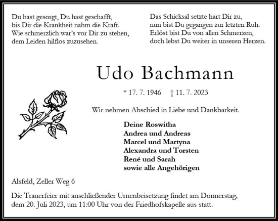 Traueranzeige von Udo Bachmann von VRM Trauer Traueranzeige von Udo Bachmann von VRM Trauer