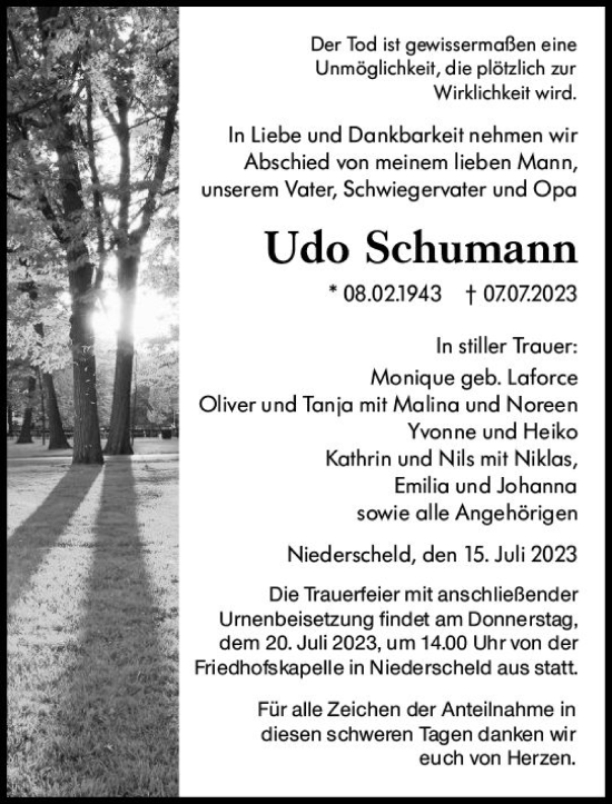 Traueranzeige von Udo Schumann von Dill Block