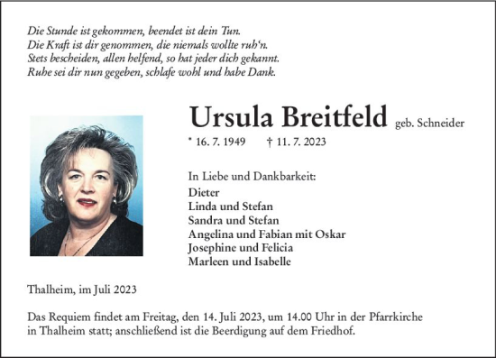 Traueranzeige von Ursula Breitfeld von Nassauische Neue Presse