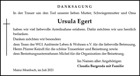 Traueranzeige von Ursula Egert von Allgemeine Zeitung Mainz