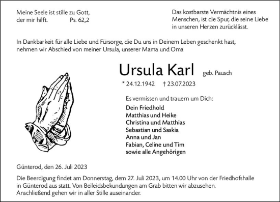 Traueranzeige von Ursula Karl von Hinterländer Anzeiger Traueranzeige von Ursula Karl von Hinterländer Anzeiger