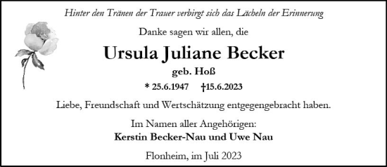 Traueranzeige von Ursula Juliane Becker von Allgemeine Zeitung Alzey